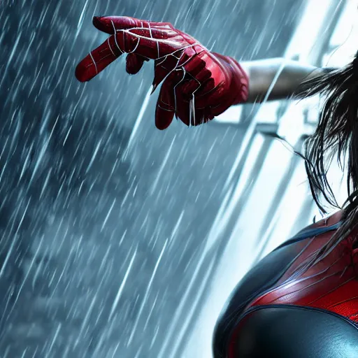 Image similar to Lara croft as spiderwoman,face get water , heavy rain ,dramatic, intricate, highly detailed, concept art, smooth, sharp focus, illustration, Unreal Engine 5, 8K