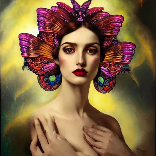 Prompt: dynamic composition, a painting of a woman with hair of flowers and butterfly wings wearing ornate earrings, a surrealist painting by tom bagshaw and jacek yerga and tamara de lempicka and jesse king, featured on cgsociety, pop surrealism, surrealist, dramatic lighting, wiccan, pre - raphaelite, ornate gilded details