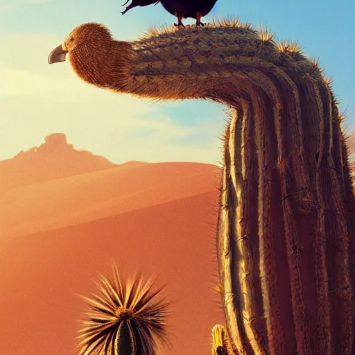 Image similar to A dodo bird perched atop a Saguaro cactus in the desert, full body, digital art, trending on Artstation, high detail, sharp focus, illustration, art by artgerm and greg rutkowski and alphonse mucha.