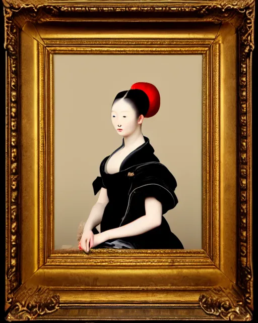 Prompt: photo-realistic portrait of an asian woman with red hair buns, wearing a black dress by Vivienne Westwood, intricate details, masterpiece, in the style of Jean Auguste Dominique Ingres, black background