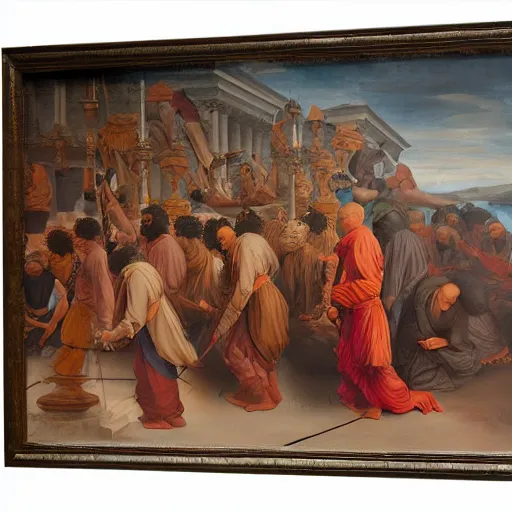 Image similar to blindfolded hindu monks following giant crow greek senete baroque painting, lionardo davinchi