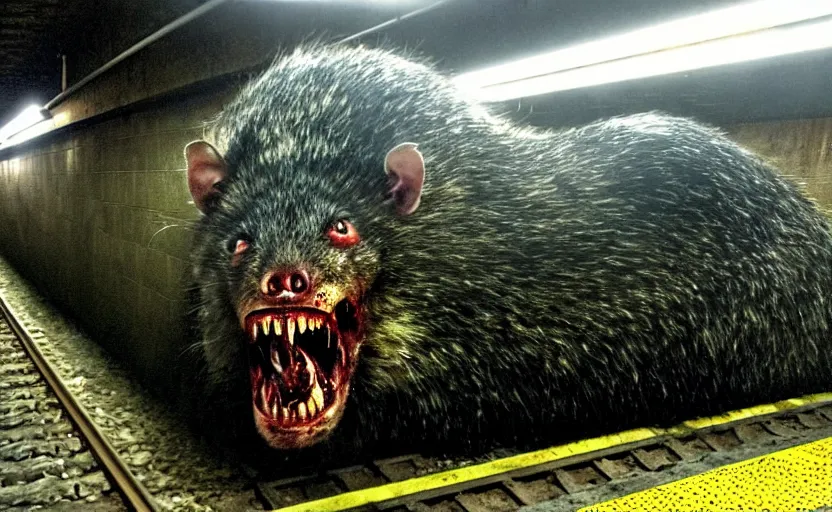 Image similar to very large giant mutant zombie irradiated ( angry rat ) staying on railways in tonnel of moscow subway. tonnel, railways, giant angry rat, furr, fangs, claws, very realistic. fog, extreme long shot, herman nitsch, giger.