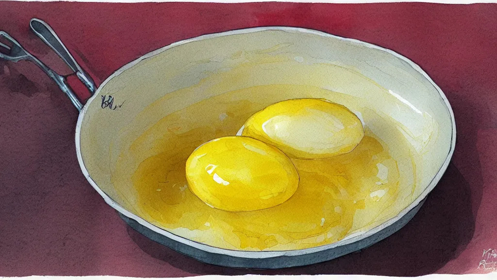 Prompt: white and yellow egg on a drying pan, kseniia yeromenko, rob duenas, watercolor, illustration, red background, highly detailed