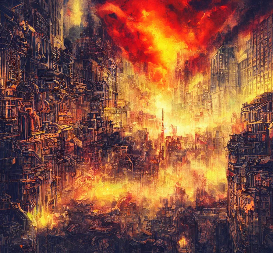 Image similar to nuclear explosion in big city, acrilic paint, abstract, digital, artstation, detailed, intricate ink, illustration, heavenly atmosphere, digital art, over detailed art, conceptart