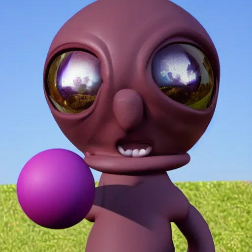 Prompt: photo of a clay model of character with large spherical purple head and tiny eyes with comically tiny body and spindly limbs leans close to the camera, fish eye lens, 4 k, hyper realistic, hyper detailed face, octane render