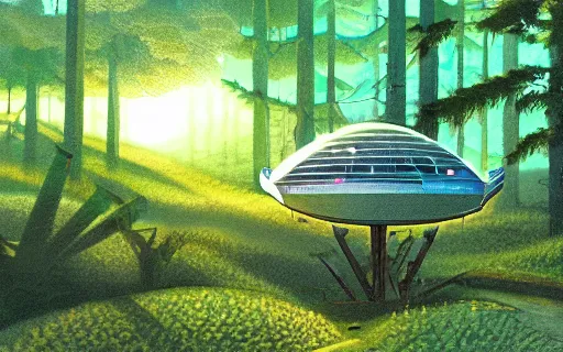 Image similar to a spaceship landing in the middle of a forest, art by hayao miyazaki, studio ghibli film, hi res, 4k, high detail