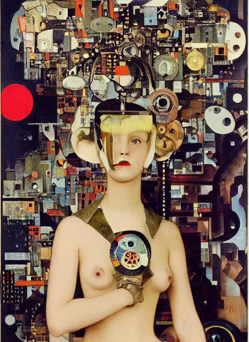 Image similar to cute punk goth fashion fractal mecha blonde girl wearing a television tube helmet and kimono made of circuits and leds, surreal Dada collage by Mimmo Rotella Man Ray Kurt Schwitters Hannah Höch Alphonse Mucha Beeple