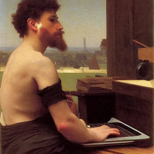 Image similar to an oil painting of an man playing a laptop, view from back, by Bouguereau, highly detailed and intricate, 1500,
