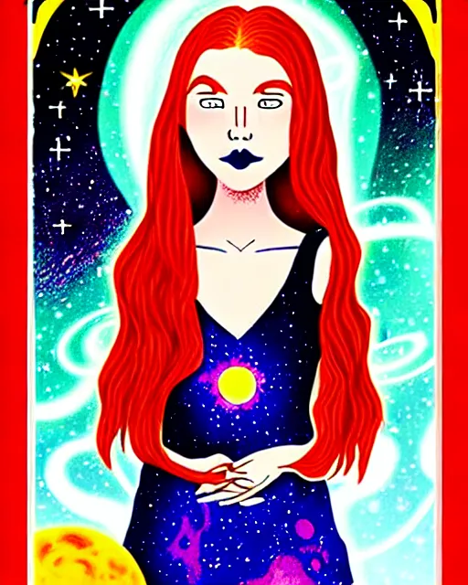 Image similar to tarot card of space astral girl, red hair, ginger hair, fantasy, glowing skin, smooth face, perfect eyes