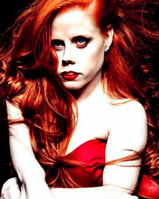 Image similar to style of marc silvestri : : gorgeous vampire amy adams : : sharp teeth fangs, open mouth sneer : : symmetrical face, symmetrical eyes : : gorgeous red hair : : magic lighting, low spacial lighting : :