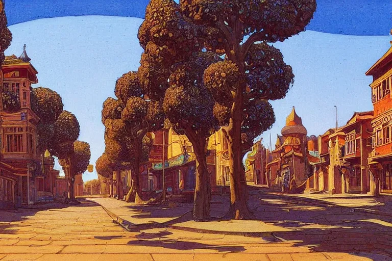 Image similar to tree-lined street in a very old very beautiful city by Thomas Seddon and Nicholas Roerich, ornate wrought iron, strong dramatic cinematic lighting , colorful tiled architecture, lost civilizations, smooth, sharp focus, extremely detailed