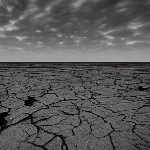 Image similar to a desolate plain with scorched earth, realistic, moody and dark