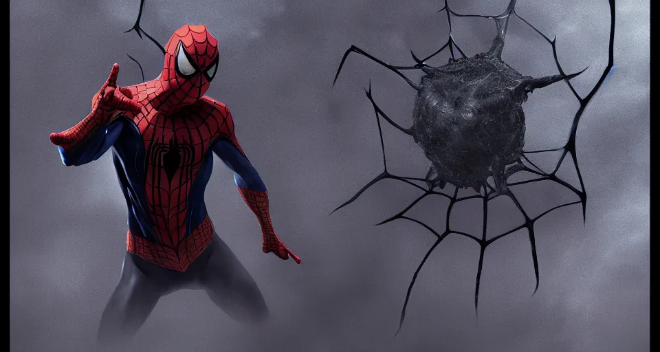 Image similar to Spiderman as Arachne. Digital art, dark, fantasy, epic, dramatic, volumetric lighting, trending on artstation, detailed, 8k