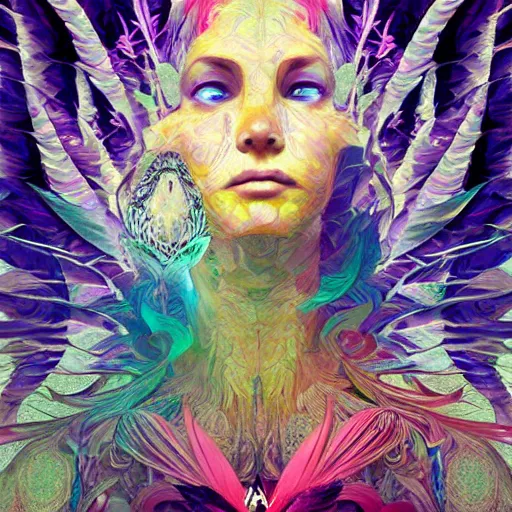 Image similar to Areality bending psychedelic ayahuasca experience, colorful, distorted, surreal, tropical bird feathers, dramatic lighting on the face, intricate, elegant, highly detailed, digital painting, concept art, smooth, sharp focus, illustration, art by Krenz Cushart and Wayne Barlowe and alphonse mucha