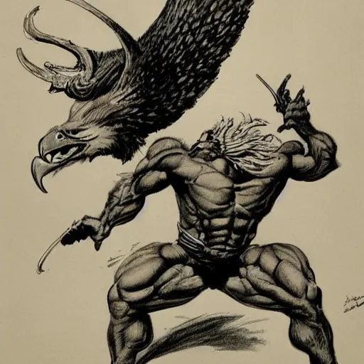 Image similar to a creature with the body and eyes of a man, with the beak of an eagle, the mane of a lion, and the horns of an ox. drawn by frank frazetta