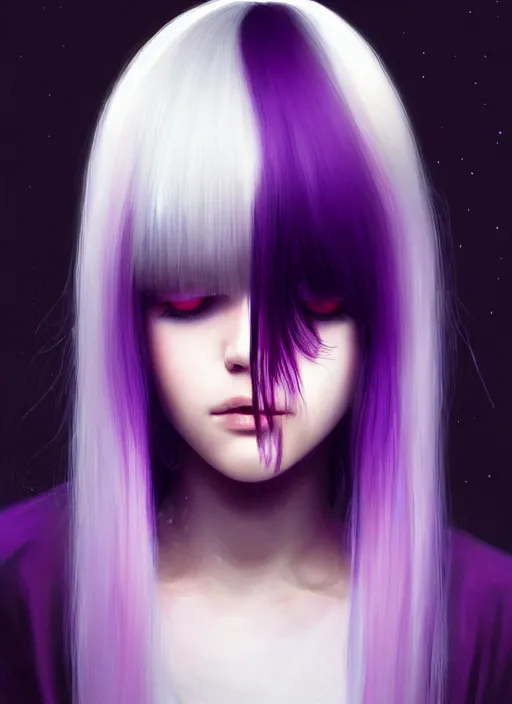 Image similar to hair whitebangs hair, black hair, whitebangs, portrait of teenage girl with white bangs, red irises, purple clothes, white bangs, bangs are different color from hair, intricate, elegant, glowing lights, highly detailed, digital painting, artstation, concept art, smooth, sharp focus, illustration, art by wlop, mars ravelo and greg rutkowski