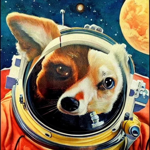 Prompt: corgi astronaut in space, beautiful painting by norman rockwell