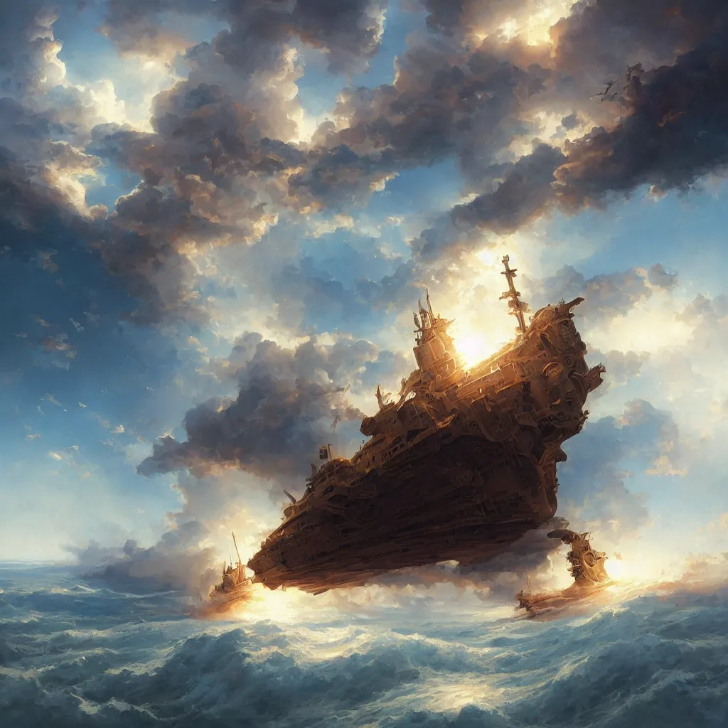 Image similar to a sending down [ of the revelation ] from him who created the earth and the lofty heavens, overdetailed art, noah's ship, by greg rutkowski, by rhads, sharp focus