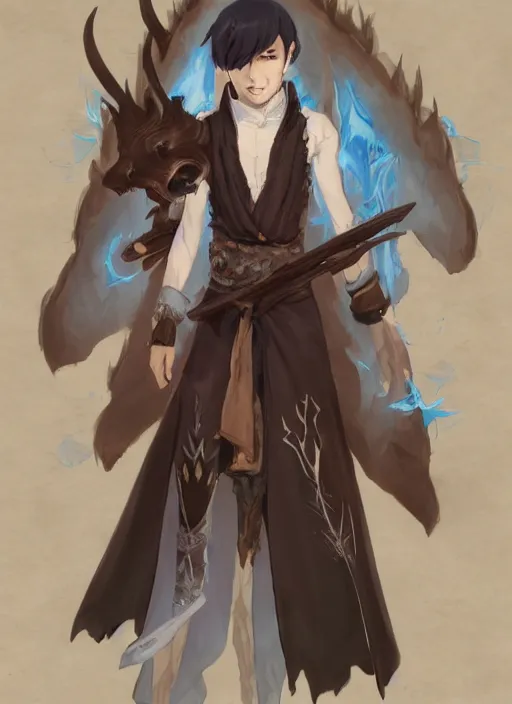 Image similar to concept art painting of a fully clothed person with brown skin and short white hair, demon horns, deer ears, blue tunic and robes, detailed, d & d style, cel shaded, in the style of ruan jia and artgerm and makoto shinkai and james gurney