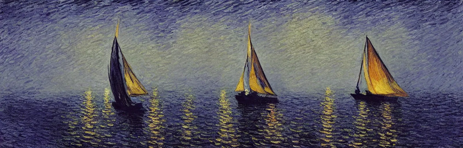 Prompt: An aesthetically pleasing, dynamic, energetic, lively, well-designed digital art of a sailboat on the ocean at night in a low mist, light and shadow, chiaroscuro, by Claude Monet and Vincent Van Gogh, superior quality, masterpiece, excellent use of negative space. 8K, superior detail.