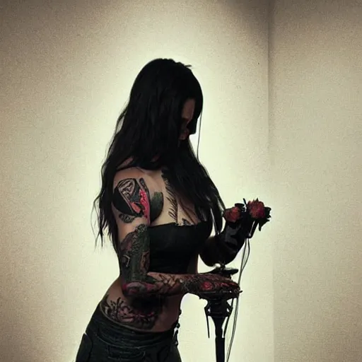 Image similar to female tattoo artist in gothic tattoo studio, greg rutkowski