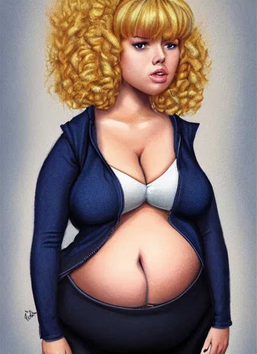 Image similar to full body portrait, teenage betty cooper, blonde hair, obese, bangs, ponytail, sultry, realistic, sultry smirk, fluffy bangs, curly bangs, fat, belly, beautiful girl, intricate, elegant, highly detailed, digital painting, artstation, concept art, smooth, sharp focus, illustration, art by wlop, mars ravelo and greg rutkowski