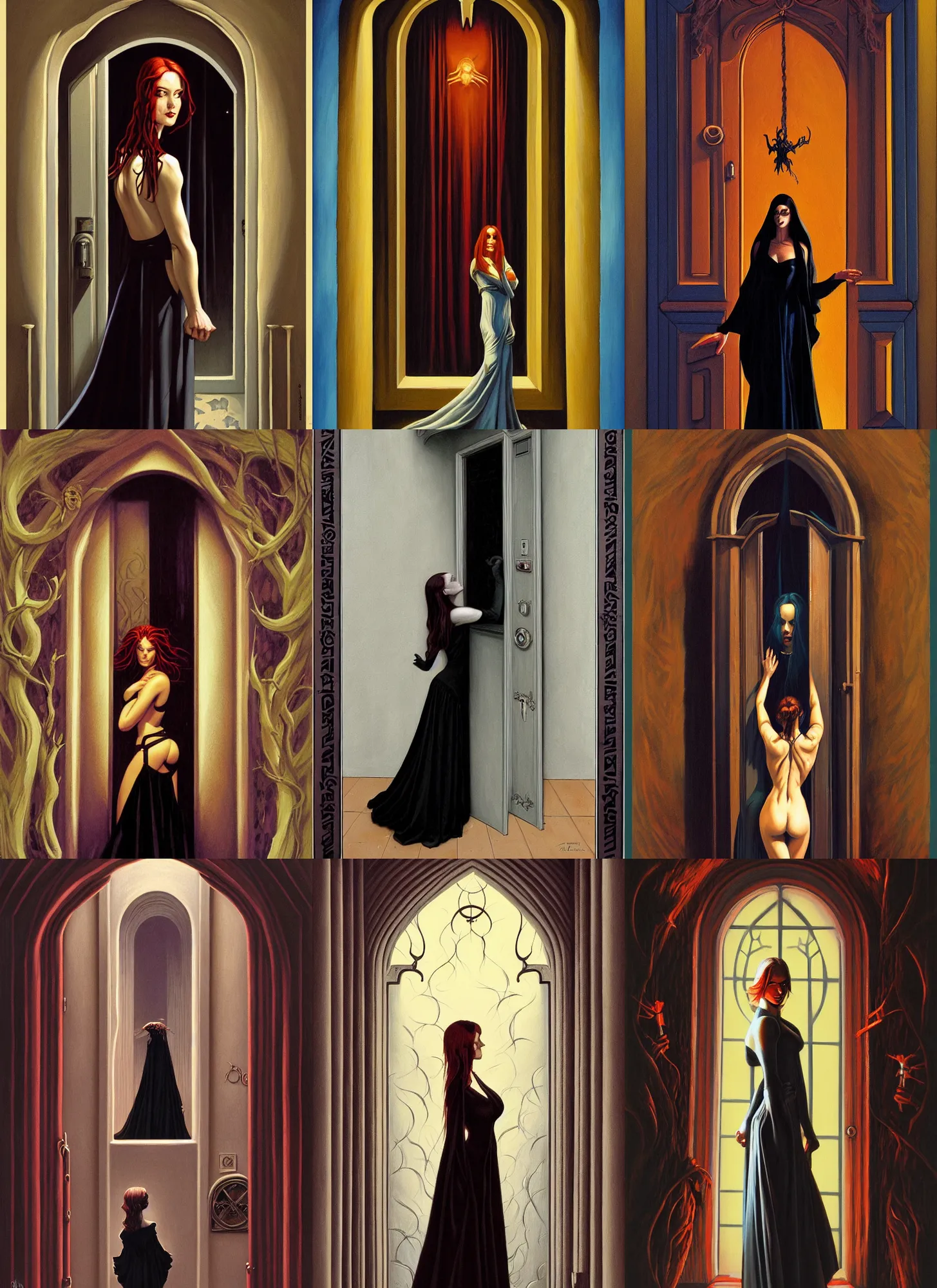 Prompt: a painting of a woman standing in front of a door, poster art by gerald brom, deviantart, gothic art, tarot card, poster art, hall of mirrors, masterpiece, fantasy art, artstation hq