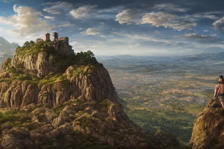 Image similar to an ultra detailed matte landscape painting of an extremely tall and strong young man with short brown hair standing on a cliff overlooking a medieval capital built on top of many hills, italian renaissance architecture, ultrawide lense, aerial photography, 8 k, volumetric lighting, smooth, highly detailed, digital illustration, art by kentaro miura and akira toriyama and artgerm