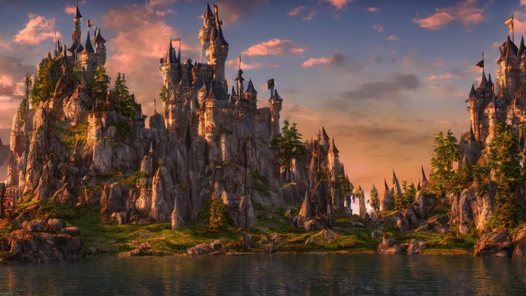 Image similar to fantasy castle with lake in sunset by mark adamus, fantasy artwork, very very very beautiful scenery, hd, hdr, ue5, ue6, unreal engine 5, cinematic 4k wallpaper, 8k, ultra detailed, high resolution, artstation, award winning