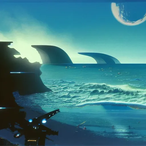 Image similar to golden shores of a blue dreamy ocean, sci - fi, daylight, blue sky, cinematic lighting, cinematic perspective, syd mead, john harris