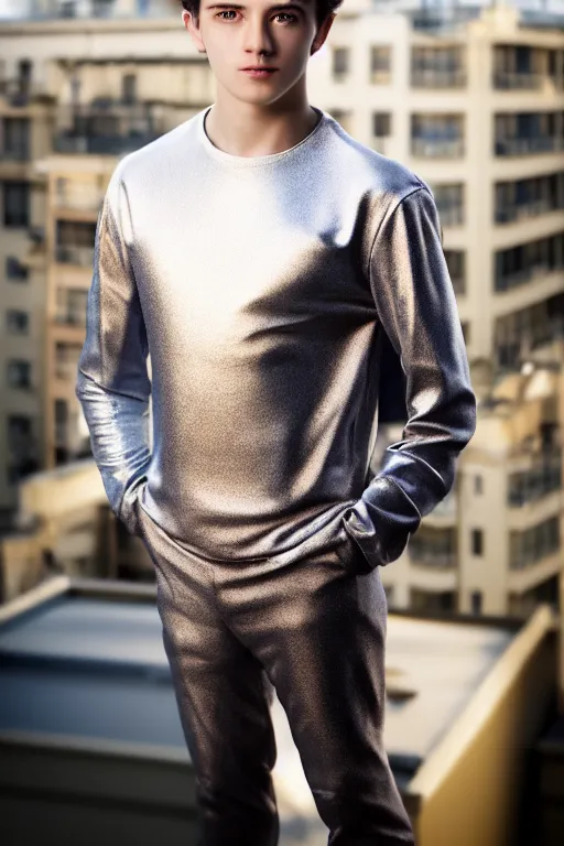 Image similar to un ultra high definition studio quality photographic art portrait of a young man standing on the rooftop of a british apartment building wearing soft padded silver pearlescent clothing. three point light. extremely detailed. golden ratio, ray tracing, volumetric light, shallow depth of field. set dressed.