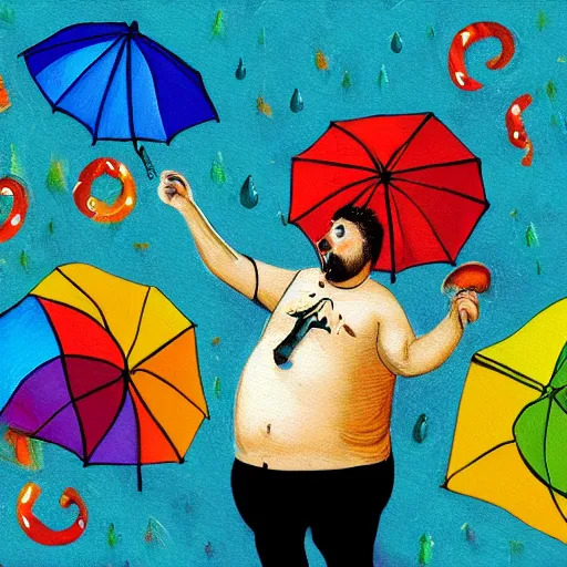 Image similar to complex illustration of a excessively rotund man juggling twinkies, cycling upon a tight rope in the rain, holding a rainbow umbrella, oil painting, knife palette, with a jolly expression, misty, cobblestone background