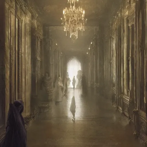 Prompt: a beautiful victorian woman is frightened by her doppleganger in a mirror. she is in a long hallway of mirrors. victorian interior, with many mirrors, elegant design, haunting atmosphere, dimly lit, gothic, horror style, by greg rutkowski, realistic, low angle, 3 / 4 view.