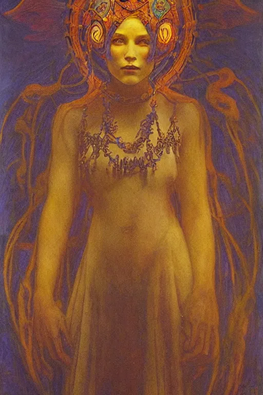 Image similar to queen of the underworld with her lantern by Annie Swynnerton and Nicholas Roerich and jean delville, strong dramatic cinematic lighting , ornate headdress , flowing robes, lost civilizations, smooth, sharp focus, extremely detailed