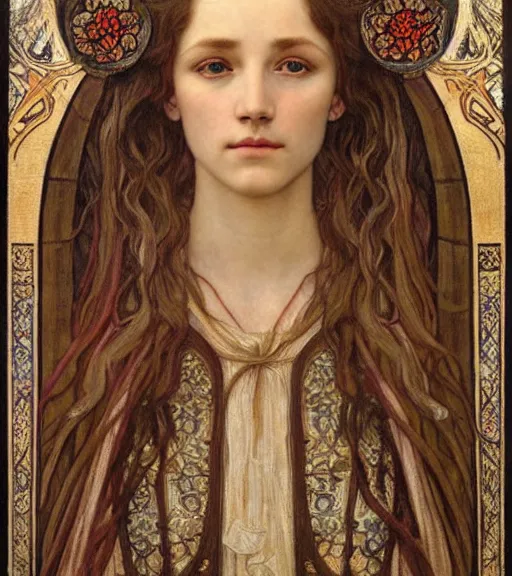Image similar to detailed realistic beautiful young medieval queen face portrait by jean delville, alphonse mucha, vincent van gogh, and marco mazzoni, art nouveau, symbolist, visionary, gothic, pre - raphaelite