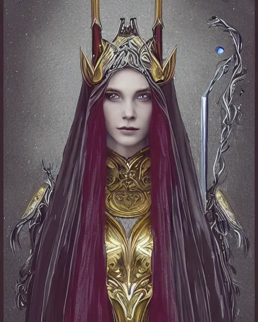 Image similar to a portrait of a muse of beauty, Elspeth Knight Errant, long flowing cape and cowl, silver and gold heavy armor, long magical staff with ruby gems, young female face, rune magic, cinematic top lighting, insanely detailed and intricate, face by wlop, Charlie Bowater, golden ratio, symmetric, elegant, ornate, luxury, elite, matte painting, MTG, magic the gathering, cinematic, cgsociety, 8k, high resolution, trending on artstation, deviantart and pinterest