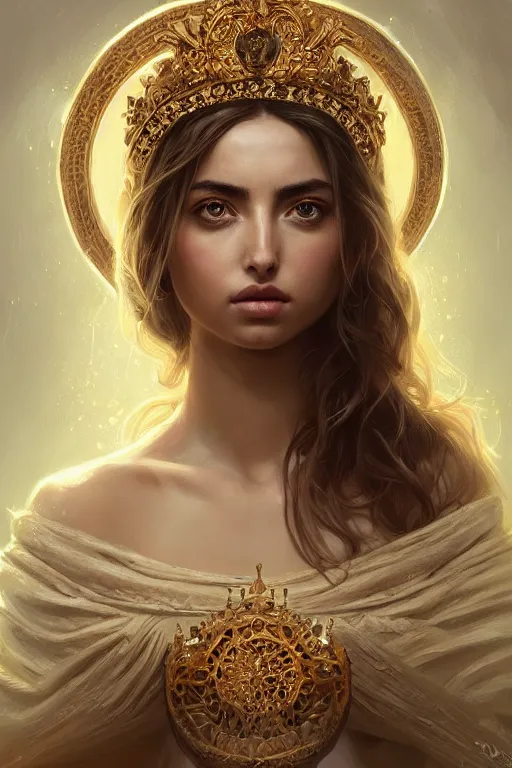 Image similar to highly detailed portrait of ana de armas as an elegant goddess, ornate crown, beautiful symmetrical face, digital painting, artstation, concept art, smooth, clear focus, illustration, greg rutkowski, artgerm, global lighting, detailed and fantasy