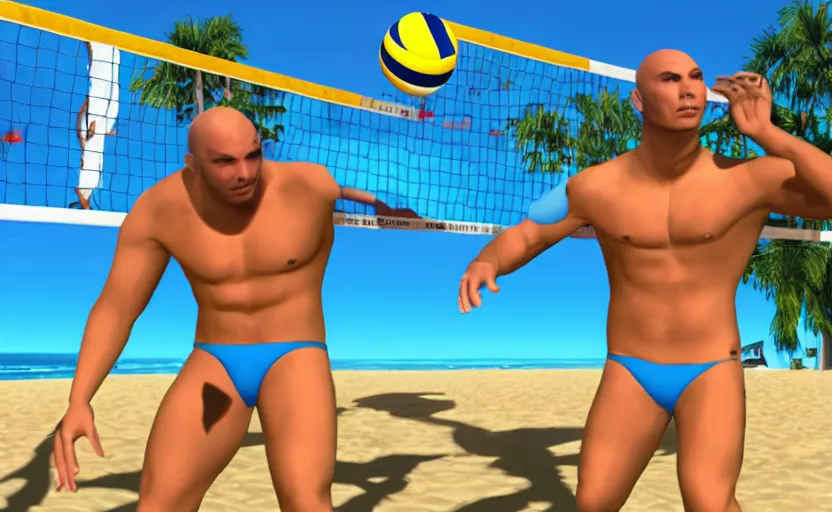 Image similar to pitbull in a speedo playing beach volleyball with a corporate mascot, ps 2 game screenshot