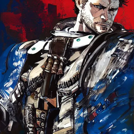 Image similar to a portrait of Arthur Morgan from Red Dead Redemption as a cyborg riding a cyborg horse, art by Yoji Shinkawa