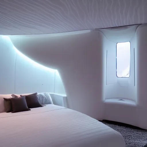 Image similar to a king size bed with a white bed set in a futuristic space ship with windows looking into outer space, beautiful lighting photograph