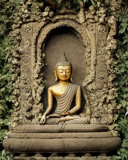 Image similar to Dhammapada, meditation, Samadhi, made of stone, made of earth, made of wood, made of gold, carving, overgrown with vegetation, ancient, decaying, detailed, dramatic, 8K, octane