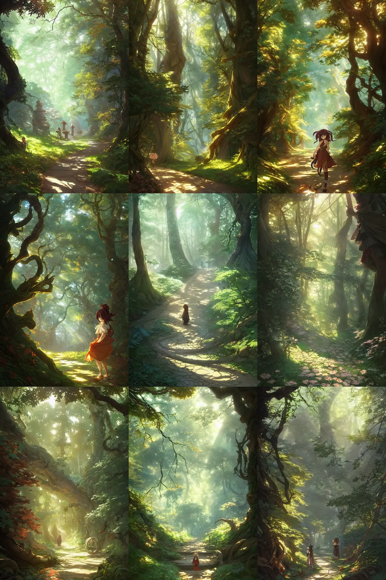 Prompt: beautiful pathway in the wood with dappled light, anime style, fantasy, highly detailed, digital painting, artstation, concept art, matte, sharp focus, illustration, hearthstone, art by artgerm and greg rutkowski and alphonse mucha and studio ghibli