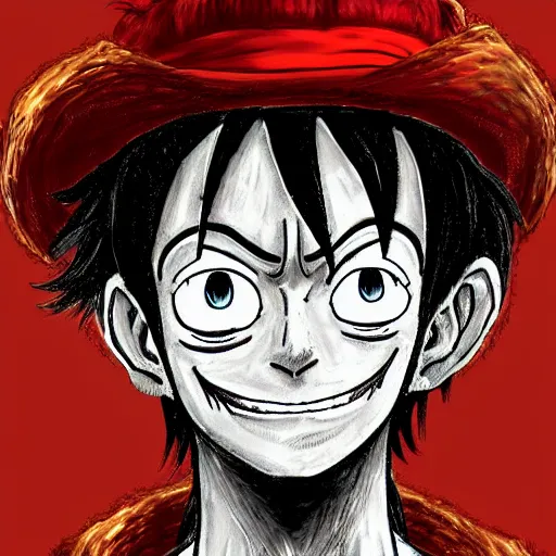 Prompt: Monkey D Luffy digital illustrator design portrait, bright lighting