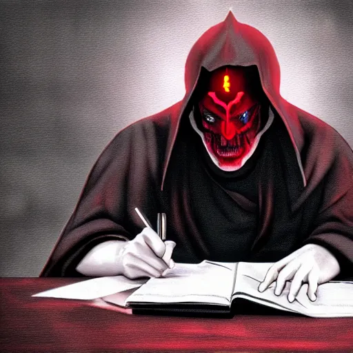 Image similar to dark lord sitting at desk, medium shot, portrait, john k, semi realistic anime, red demon cyberpunk symbols