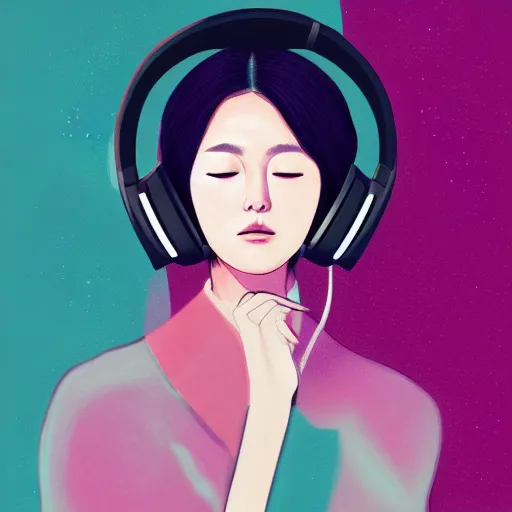 Prompt: an illustration of a beautiful woman listening to music by JeeHyung lee, highly detailed, digital art, trending on artstation