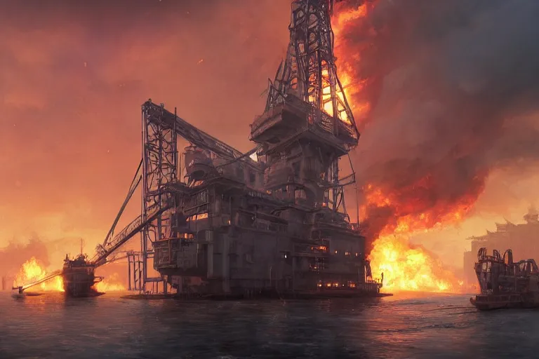 Image similar to a highly detailed matte painting of a soviet steampunk oil rig on fire at night by studio ghibli, makoto shinkai, by artgerm, by wlop, by greg rutkowski, volumetric lighting, octane render, 4 k resolution, trending on artstation, masterpiece