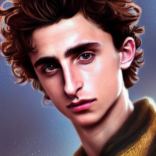 Image similar to fantasy magic Timothee Chalamet portrait, sci-fi, glossy eyes, face, long hair, fantasy, intricate, elegant, highly detailed, digital painting, artstation, concept art, smooth, sharp focus, illustration