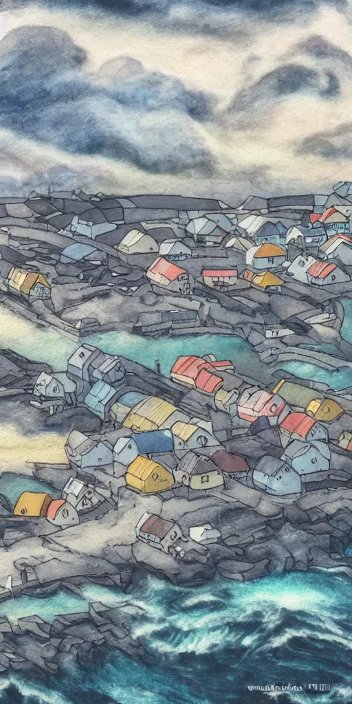 Image similar to a beautiful painting of a icelandic fishing village, storm clouds gathering over the town, by studio ghibli 8 k pastel colours, isometric drone shot smeared watercolours, golden light film grain