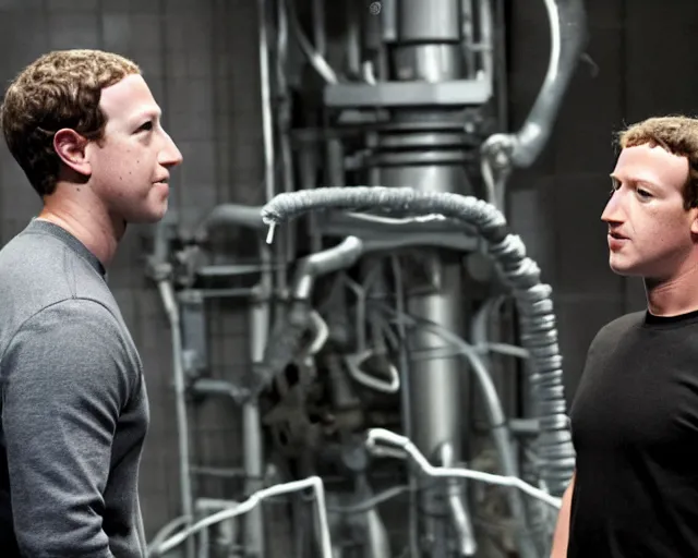 Prompt: mark zuckerberg plays terminator in scene where his endoskelet gets exposet, action film scene