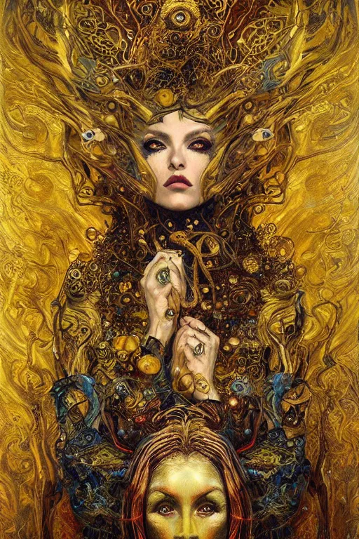 Prompt: Divine Chaos Engine by Karol Bak, Jean Deville, Gustav Klimt, and Vincent Van Gogh, beautiful visionary mystical portrait, sacred, otherworldly, fractal structures, Surreality, SpiralDee, ornate gilded medieval icon, third eye, spirals